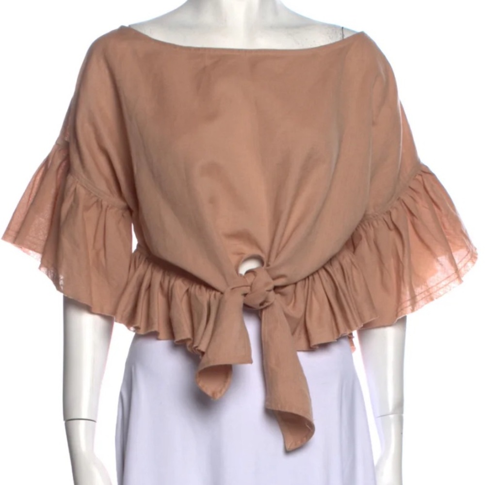 IRO Tan Linen Cropped Tie Blouse